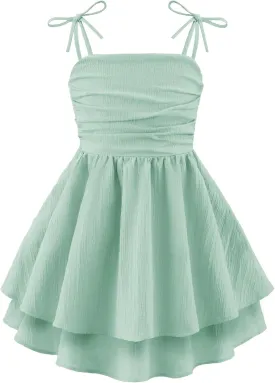Arshiner Girls Summer Spaghetti Strap Dresses Flowy Tiered Ruched Smocked Back Casual Beach Midi Sundress