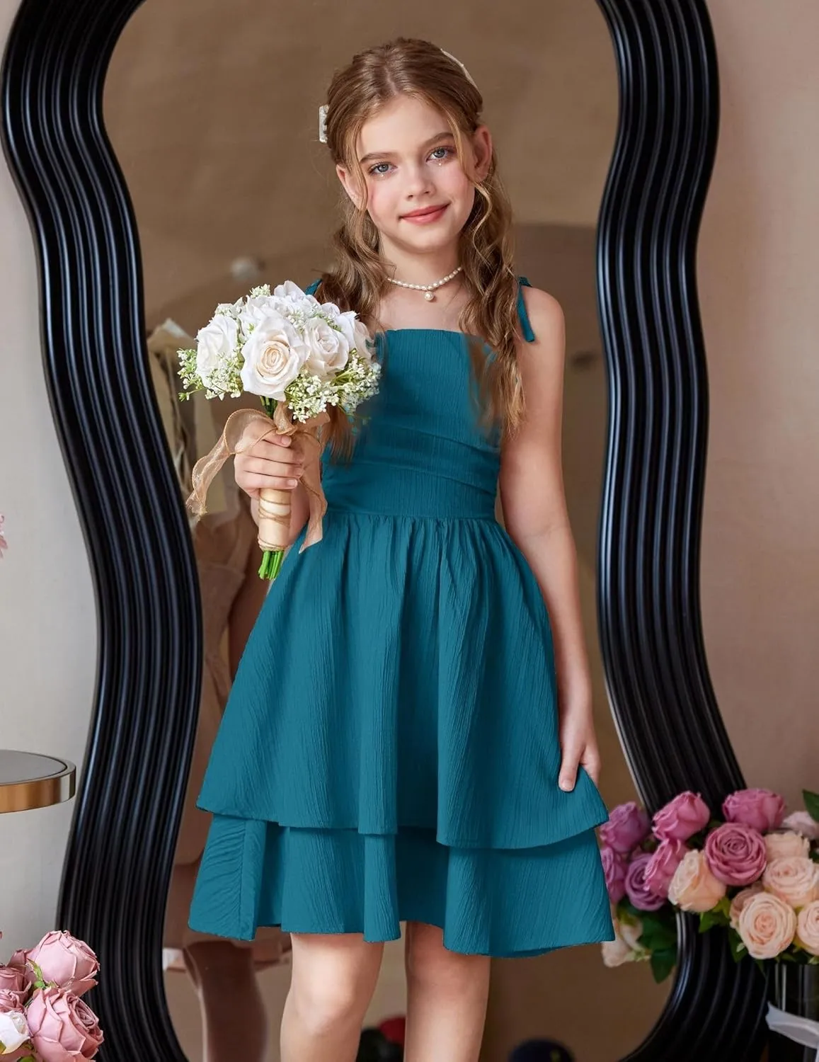 Arshiner Girls Summer Spaghetti Strap Dresses Flowy Tiered Ruched Smocked Back Casual Beach Midi Sundress