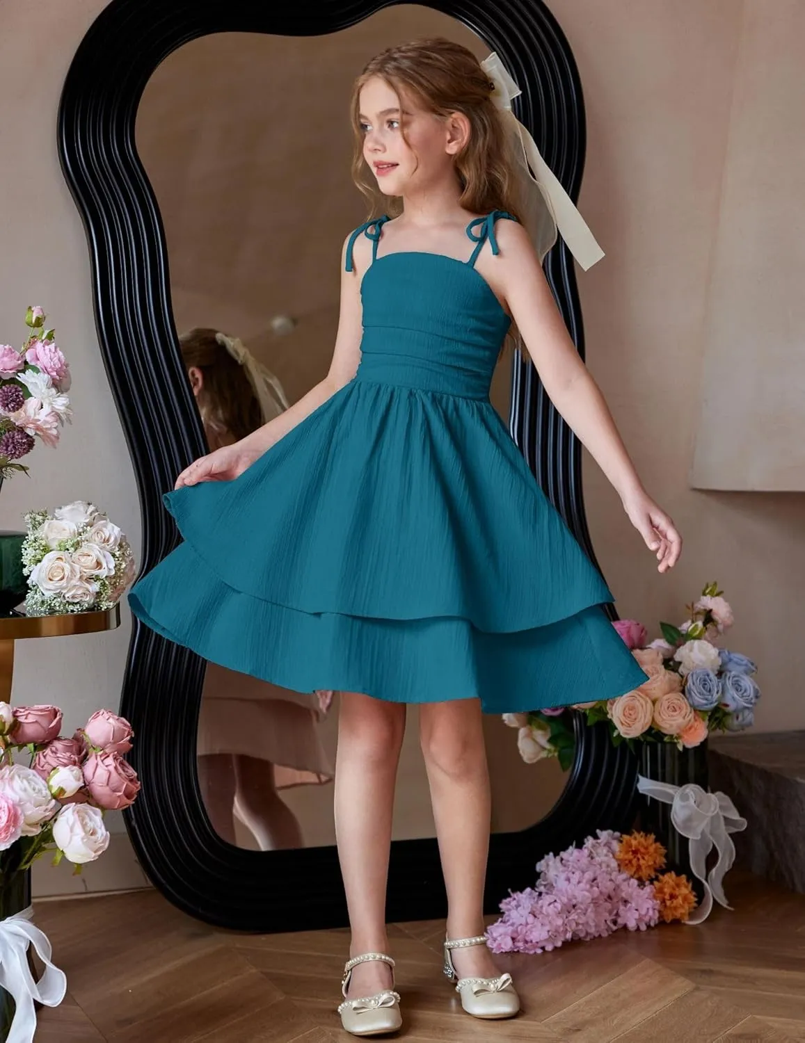 Arshiner Girls Summer Spaghetti Strap Dresses Flowy Tiered Ruched Smocked Back Casual Beach Midi Sundress