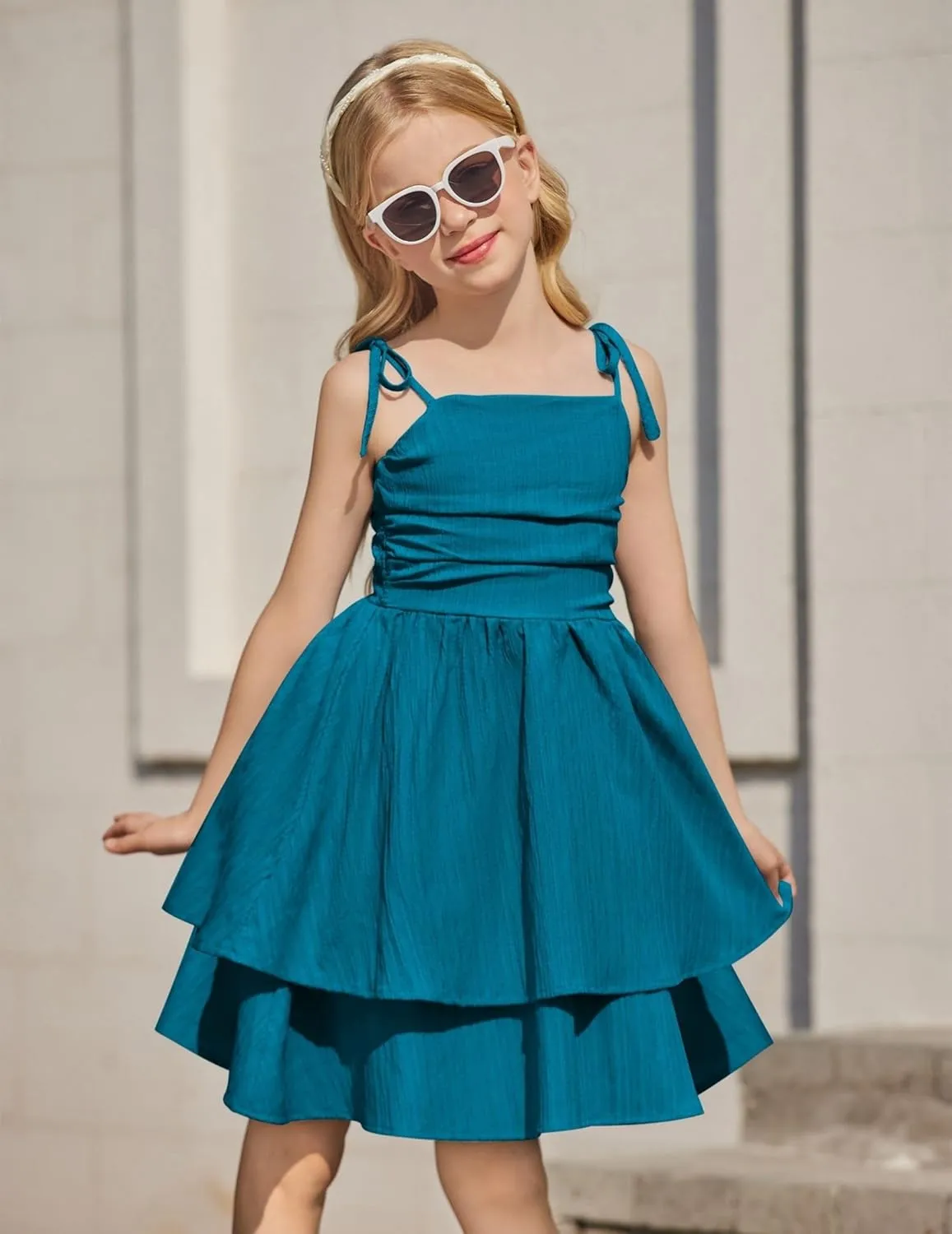 Arshiner Girls Summer Spaghetti Strap Dresses Flowy Tiered Ruched Smocked Back Casual Beach Midi Sundress