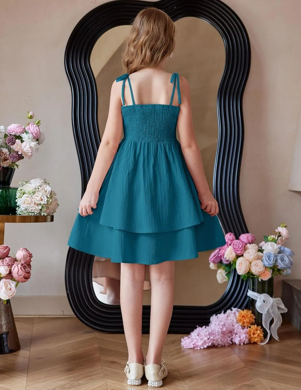 Arshiner Girls Summer Spaghetti Strap Dresses Flowy Tiered Ruched Smocked Back Casual Beach Midi Sundress