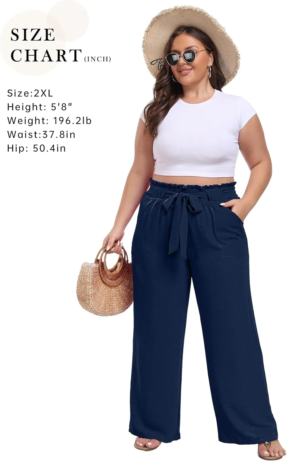 IWOLLENCE Women's Wide Leg Pants with Pockets High Waist Adjustable Knot Loose Casual Trousers Business Work Casual Pants