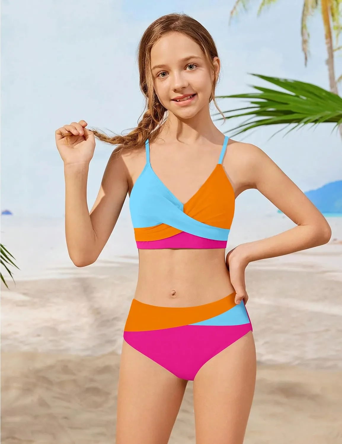 WIQI Girls Swimsuit Bikini Set 2 Piece Bathing Suits Color Block Criss Cross Swimwear Size 9-16