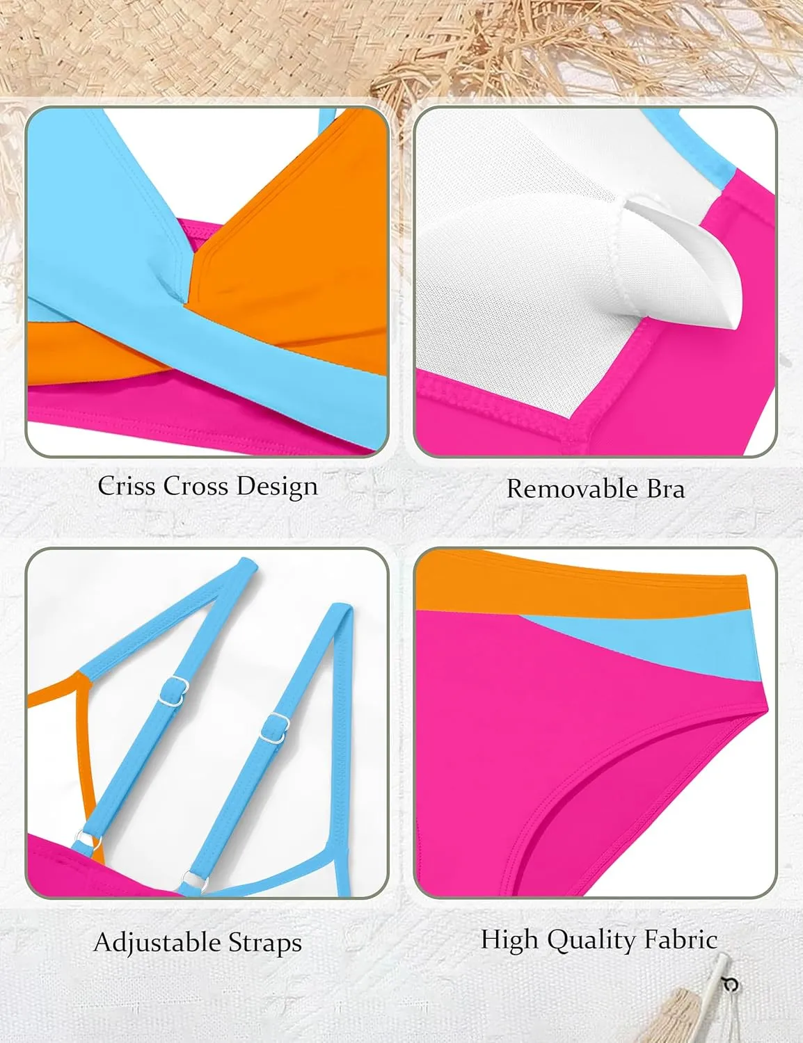 WIQI Girls Swimsuit Bikini Set 2 Piece Bathing Suits Color Block Criss Cross Swimwear Size 9-16